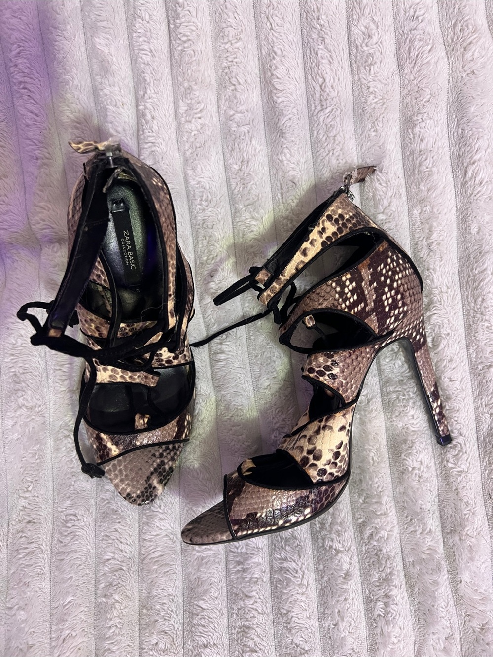 Zara Snake-Print Lace-Up Stiletto Sandals in Brown and Black